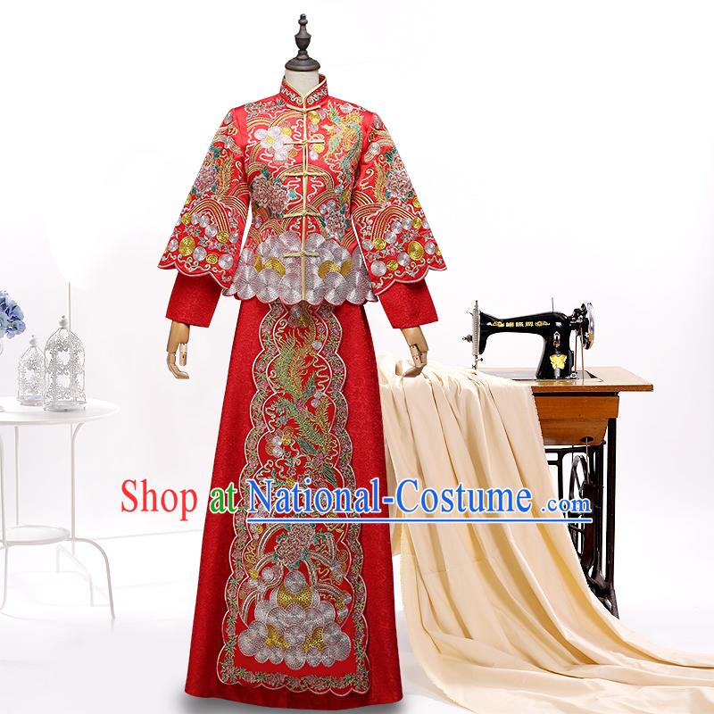 Ancient Chinese Costume, Chinese Style Wedding Dress, Red Ancient Dragon And Phoenix Flown, Bride Toast Clothing For Women