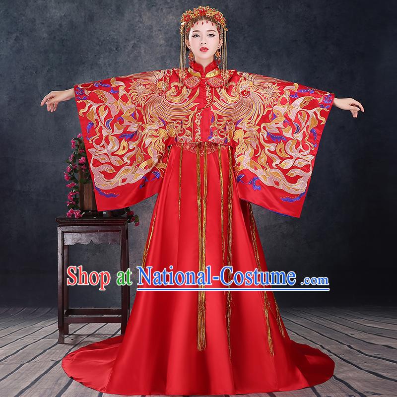 Ancient Chinese Costume Xiuhe Suits, Chinese Style Wedding Dress, Red Restoring Ancient Women Longfeng Dragon And Phoenix Flown, Bride Toast Cheongsam