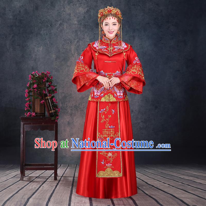 Ancient Chinese Costume, Chinese Style Wedding Dress, Red Ancient Dragon And Phoenix Flown, Bride Toast Clothing For Women