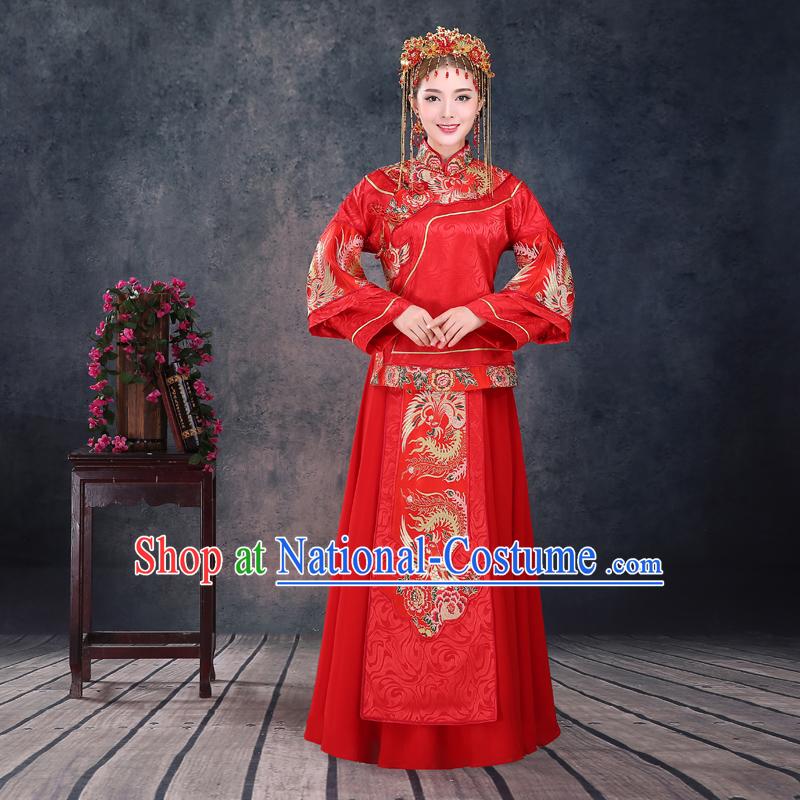 Ancient Chinese Costume, Xiuhe Suits, Chinese Style Wedding Dress, Red Ancient Women Longfeng Dragon And Phoenix Flown, Bride Toast Cheongsam