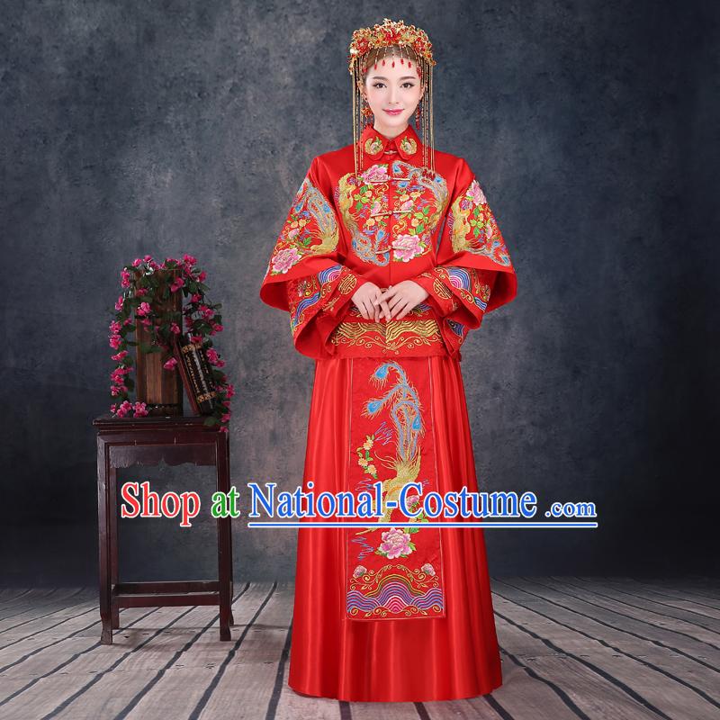 Ancient Chinese Costume, Xiuhe Suits, Chinese Style Wedding Dress, Red Ancient Women Longfeng Dragon And Phoenix Flown, Bride Toast Cheongsam