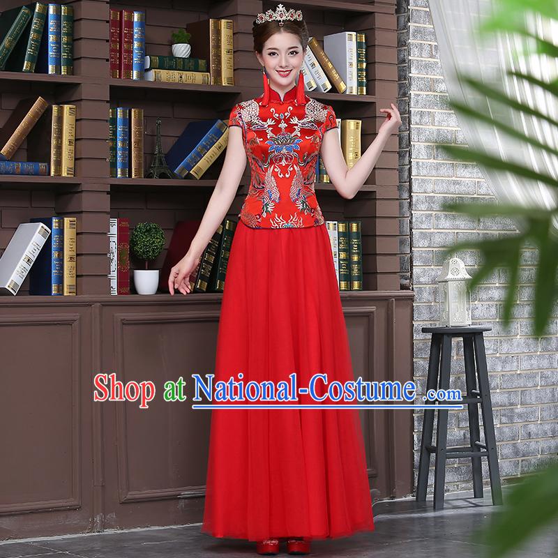 Ancient Chinese Costume Xiuhe Suits, Chinese Style Wedding Dress Red Ancient Retro Longfeng Dragon And Phoenix Flown, Bride Toast Cheongsam For Women