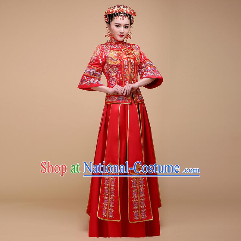 Ancient Chinese Costume, Chinese Style Wedding Dress, Red Ancient Dragon And Phoenix Flown, Bride Toast Clothing For Women