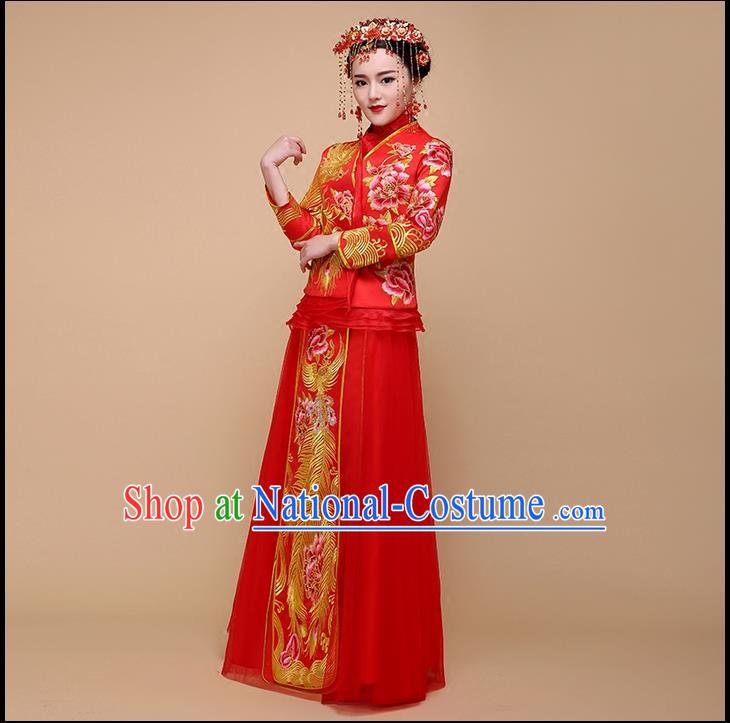 Ancient Chinese Costume Xiuhe Suits, Chinese Style Wedding Dress, Red Ancient Women Longfeng Dragon And Phoenix Flown, Bride Toast Cheongsam