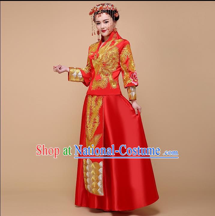 Ancient Chinese Costume, Xiuhe Suits Chinese Style Wedding Dress, Red Ancient Women Long Dragon And Phoenix Flown, Bride Toast Cheongsam