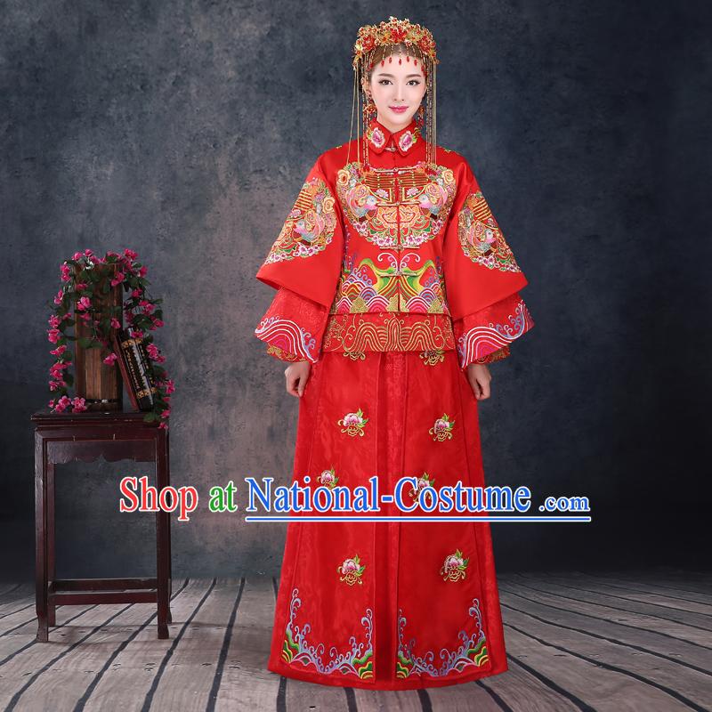 Ancient Chinese Costume, Xiuhe Suits, Chinese Style Wedding Dress, Red Restoring Ancient Women Longfeng Dragon And Phoenix Flown, Bride Toast Cheongsam