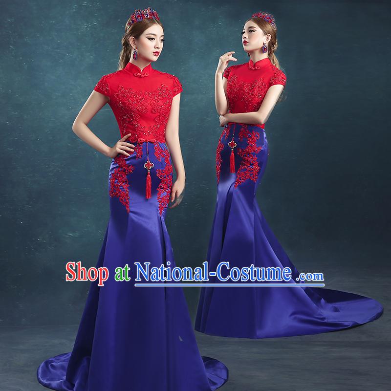 Ancient Chinese Bride Toast Clothing, Cheongsam, Red Long Fishtail Wedding Dress, Traditional Female Chinese Style Bottom Drawer For Women