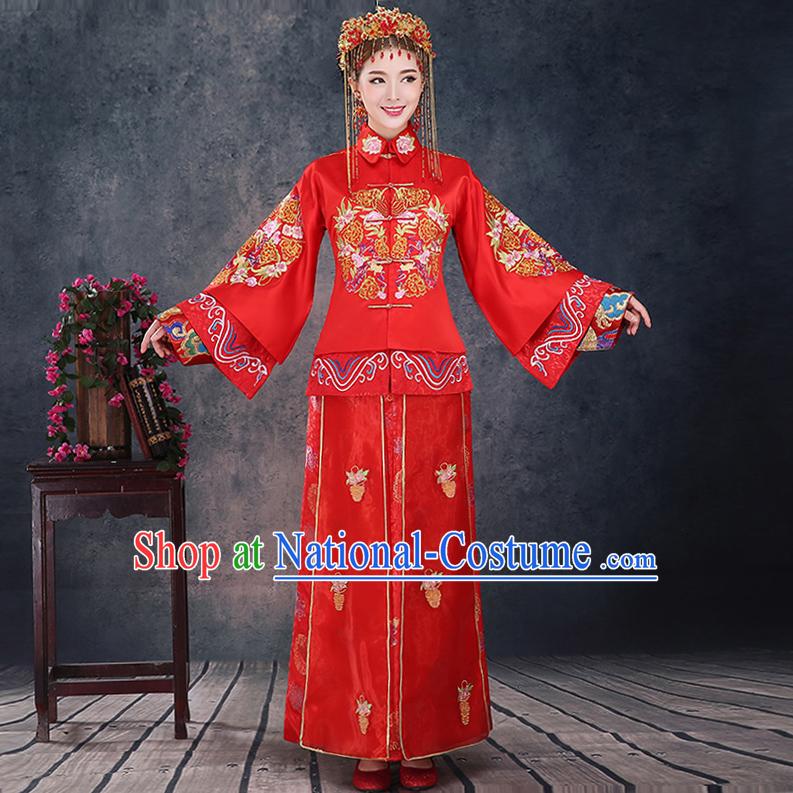 Ancient Chinese Costume Xiuhe Suits, Chinese Style Wedding Dress, Red Restoring Ancient Women Longfeng Dragon And Phoenix Flown, Bride Toast Cheongsam