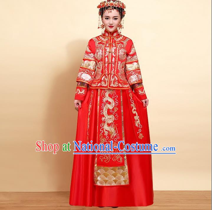 Ancient Chinese Costume, Xiuhe Suits, Chinese Style Wedding Dress, Red Ancient Women Longfeng Dragon And Phoenix Flown, Bride Toast Cheongsam