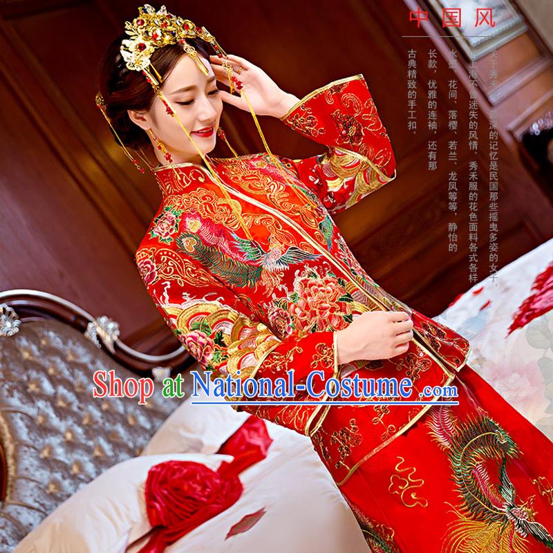 Ancient Chinese Costume, Xiuhe Suits, Chinese Style Wedding Dress, Red Ancient Women Longfeng Dragon And Phoenix Flown, Bride Toast Cheongsam