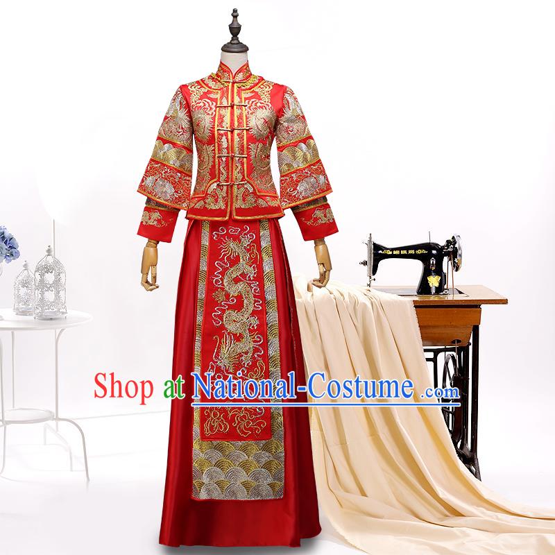 Ancient Chinese Costume, Xiuhe Suits, Chinese Style Wedding Dress, Red Ancient Women Longfeng Dragon And Phoenix Flown, Bride Toast Cheongsam