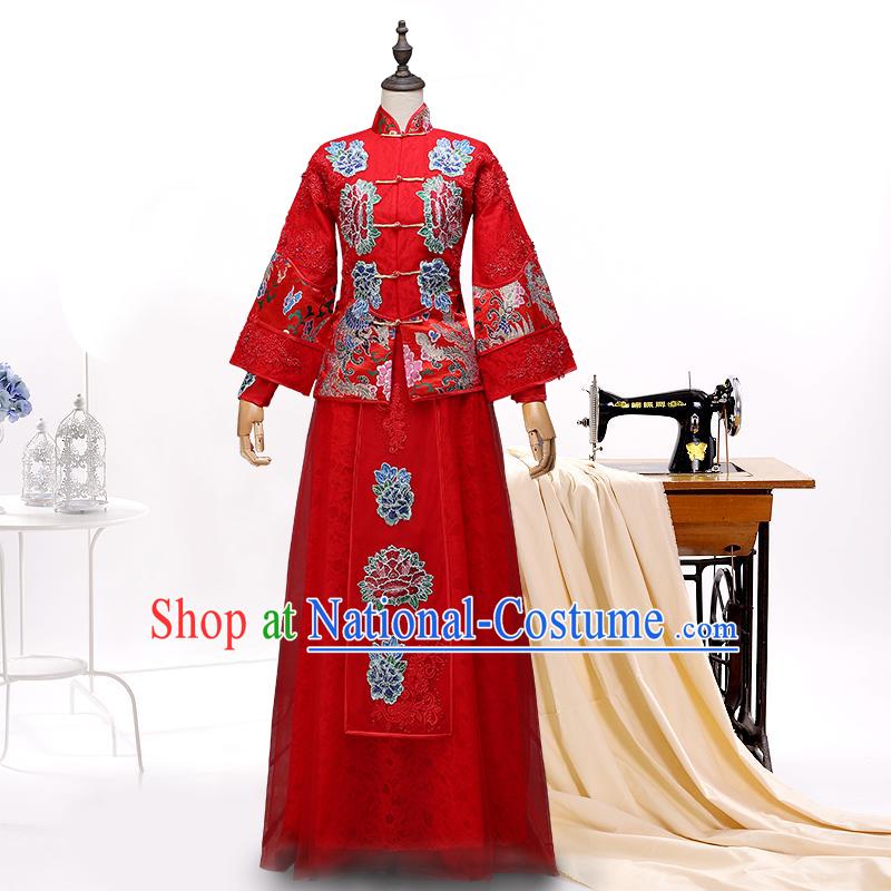 Ancient Chinese Collar Costume Dress, Toast Red Cheongsam, Xiuhe Suits Wedding Dress, Red Ancient Women Flown, Bride Cheongsam