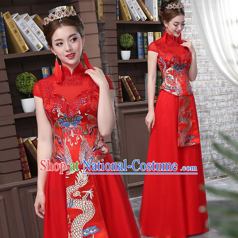 Ancient Chinese Collar Costume, Dress, Toast Red Cheongsam, Xiuhe Suits Wedding Dress, Red Ancient Women Flown, Bride Cheongsam