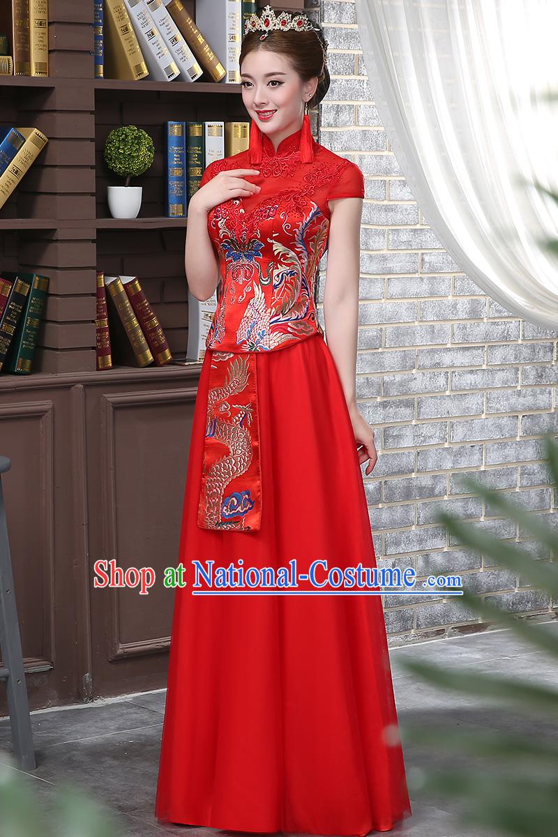 Ancient Chinese Collar Costume Dress Toast Red Cheongsam Xiuhe Suits Wedding Dress Red Ancient Women Flown Bride Cheongsam