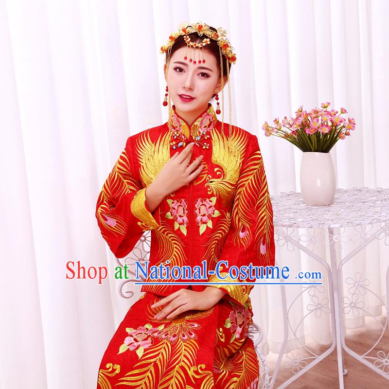 Ancient Chinese Costume, Xiuhe Suits Traditional Wedding Dress, Red Women Longfeng Dragon And Phoenix Flown, Bride Toast Cheongsam