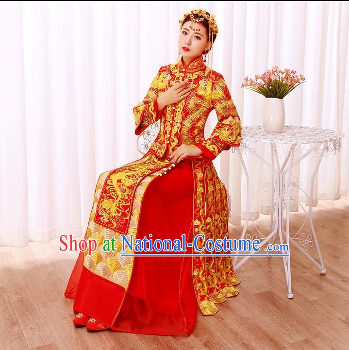 Ancient Chinese Costume, Xiuhe Suits, Traditional Wedding Dress, Red Women Longfeng Dragon And Phoenix Flown, Bride Toast Cheongsam