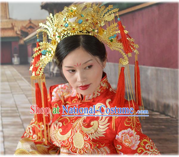 Chinese Qing Dynasty Xiuhe Suit Wedding Hair Accessories, Imperial Empress Handmade Phoenix Headpieces For Women