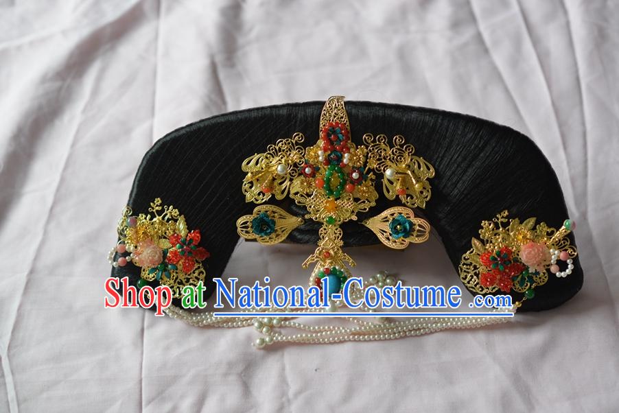 Ancient Chinese Palace Lady Qing Dynasty Wigs and Handmade Dayuer Hair Accessories