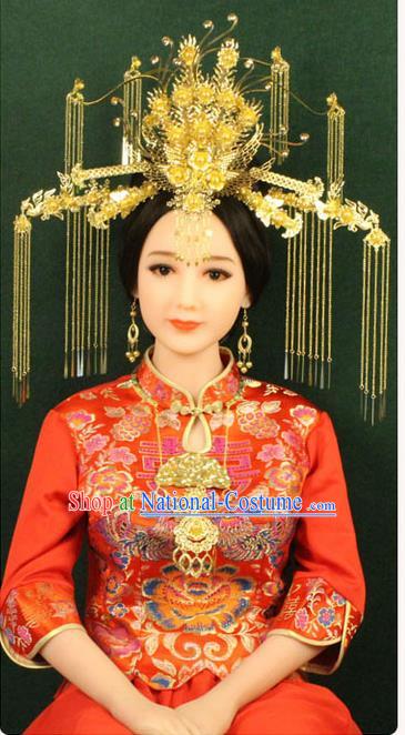 Chinese Ancient Style Hair Jewelry Accessories, Hairpins, Xiuhe Suits Wedding Bride Headwear, Headdress Set, Imperial Empress Handmade Phoenix Hair Fascinators for Women