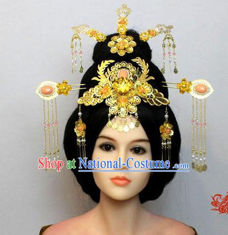 Chinese Ancient Style Hair Jewelry Accessories, Hairpins, Han Dynasty Cosplay Princess Hanfu Xiuhe Suit Wedding Bride Phoenix Coronet, Hair Accessories for Women