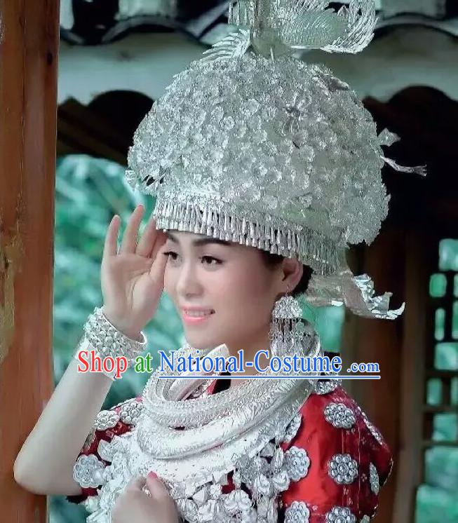 Traditional Chinese Miao Princess Empress Queen Silver Brides Wedding Headpieces Hair Fascinators Jewelry Decorations Hairpins Phoenix Crown Coronet