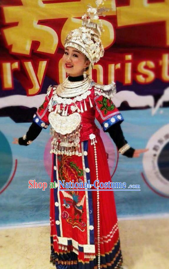 Traditional Chinese Miao Ethnic Clothing and Silver Hat Complete Set for Women or Girls