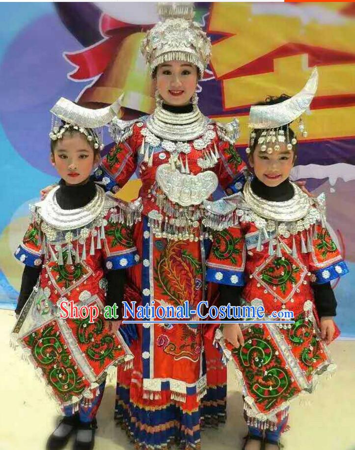 Traditional Chinese Miao Ethnic Clothing and Silver Hat Complete Set for Kids Children