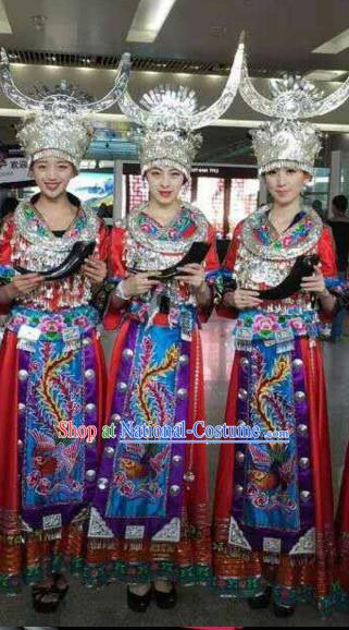 Traditional Chinese Miao Minority Clothing and Silver Hat Complete Set for Women