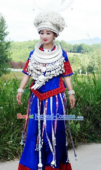 Traditional Chinese Miao Minority Clothing and Silver Hat Complete Set for Women