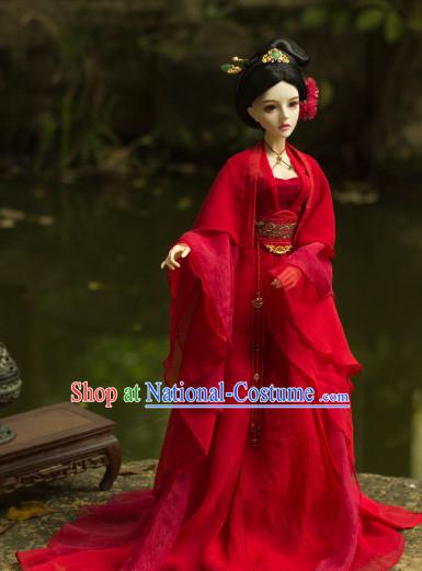 Ancient Chinese Red Lady Wedding Dress and Hair Jewelry Complete Set for Women