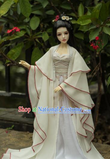 Ancient Chinese White Lady Hanfu Dress and Hair Jewelry Complete Set for Women