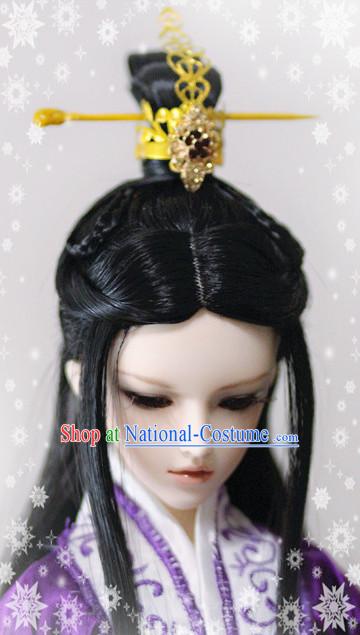 Ancient Chinese Style Prince Emperor Long Black Wigs and Coronet for Men Boys Adults Kids