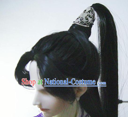 Ancient Chinese Style Prince Emperor Long Black Wigs and Coronet for Men Boys Adults Kids