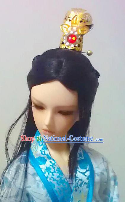 Ancient Chinese Style Prince Emperor Long Black Wigs and Coronet for Men Boys Adults Kids