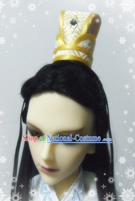 Ancient Chinese Style Prince Emperor Long Black Wigs and Accessories for Men Boys Adults Kids