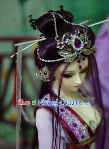 Ancient Chinese Black Long Wigs and Hair Jewelry for Women