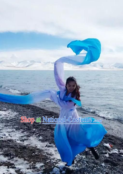 White to Blue Changing Transition Chinese Classical Water Sleeves Long Sleeves Dance Costume for Women or Girls