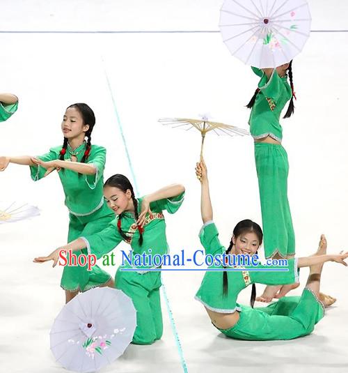 Green Chinese Classical Umbrella Dance Costumes for Women or Kids