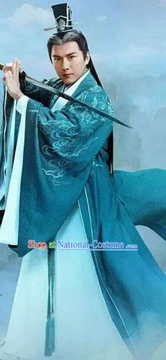 Ancient Chinese Swordsman Clothing and Hair Jewelry Complete Set for Men