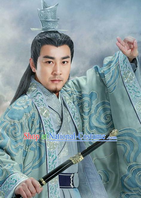 Ancient Chinese Swordsman Knight Clothing and Hair Jewelry Complete Set for Men