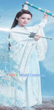 Ancient Chinese Fairy Knight Costumes and Hair Jewelry Complete Set for Women Girls