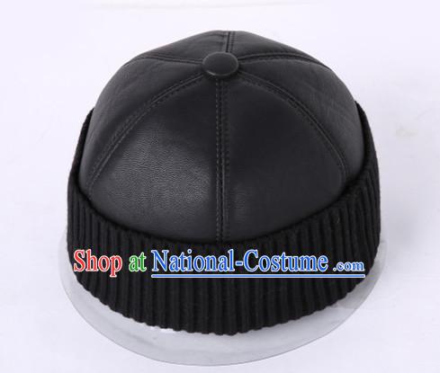 Top Traditional Chinese Black Leather Hat for Men