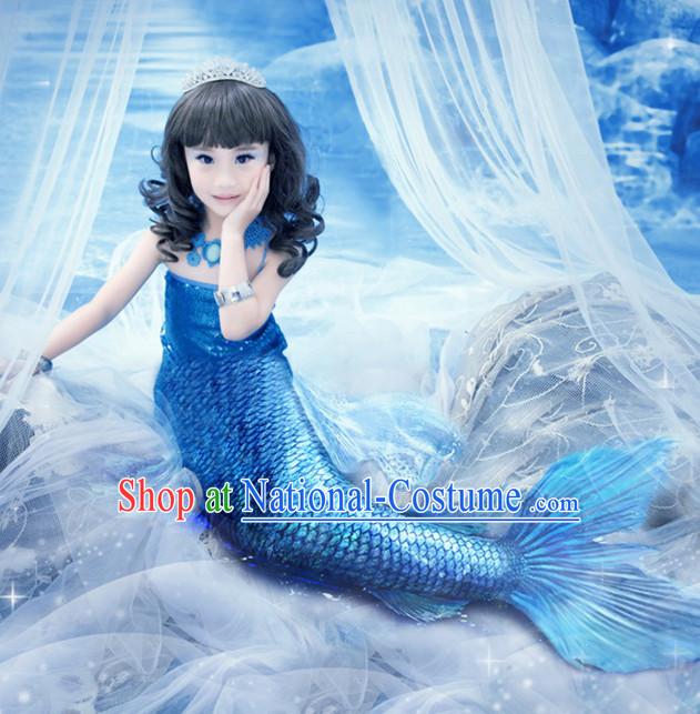 Chinese Ancient Mermaid Costumes and Hair Accessories Complete Set for Girls Children Kids