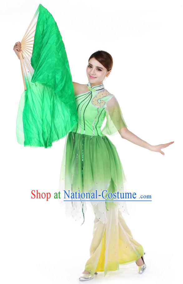 Chinese Traditional Fan Group Dancing Costumes and Headdress Complete Set for Women