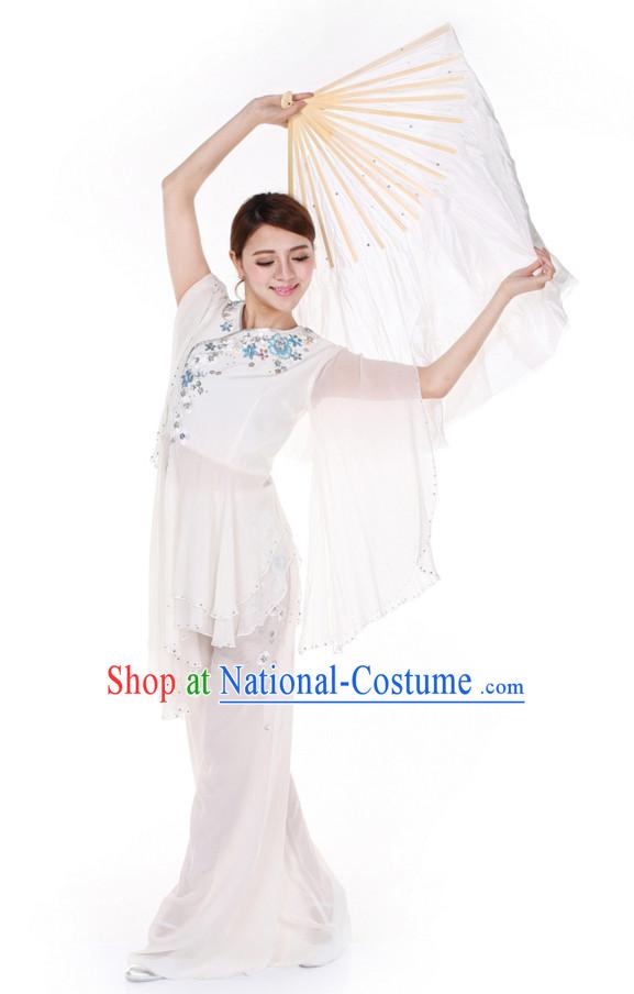 Chinese Traditional Fan Group Dancing Costumes and Headdress Complete Set for Women