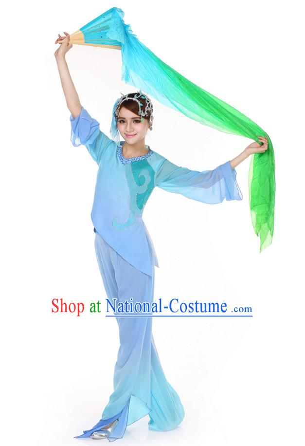 Chinese Traditional Fan Group Dancing Costumes and Headdress Complete Set for Women