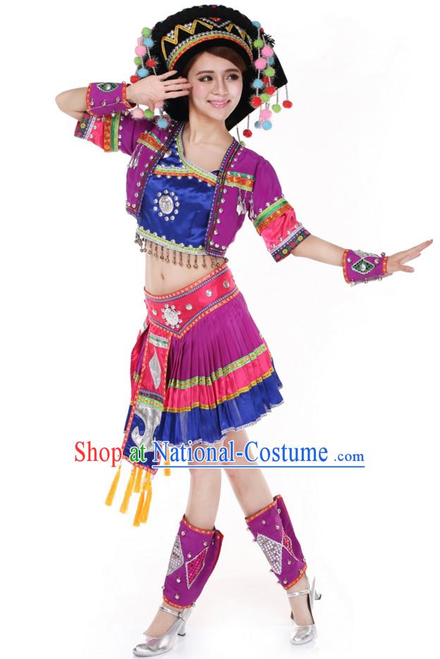 Chinese Traditional Ethnic Group Dancing Costumes and Headdress Complete Set for Women