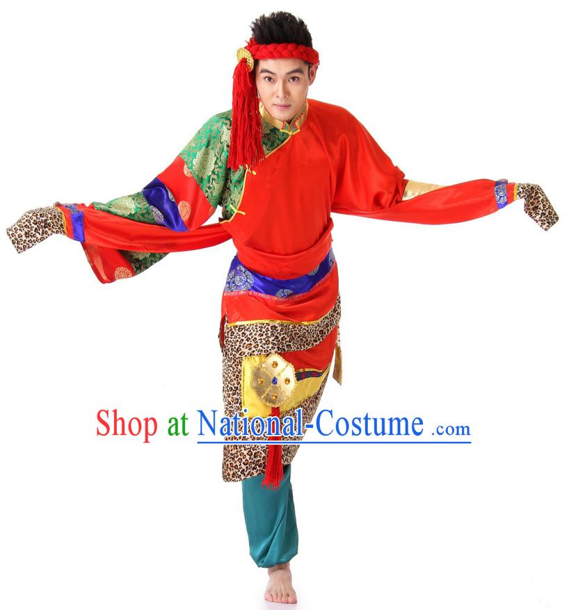 Chinese Traditional Ethnic Tibetan Group Dancing Costumes and Headdress Complete Set for Men