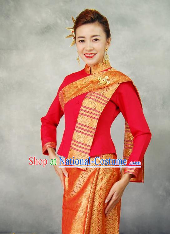 Red Traditional National Thai Dress Thai Traditional Dress Dresses Wedding Dress online for Sale Thai Clothing Thailand Clothes Complete Set for Women Girls Adults Youth Kids