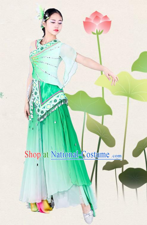 Chinese Traditional Classical Lotus Dance Costumes Dancewear and Headpieces Complete Set for Women